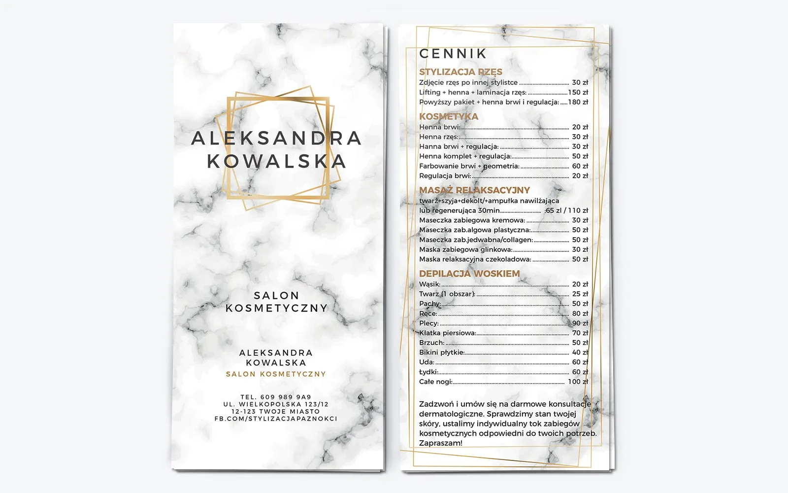 ulotka kosmetyczna z marmurkowym tłem