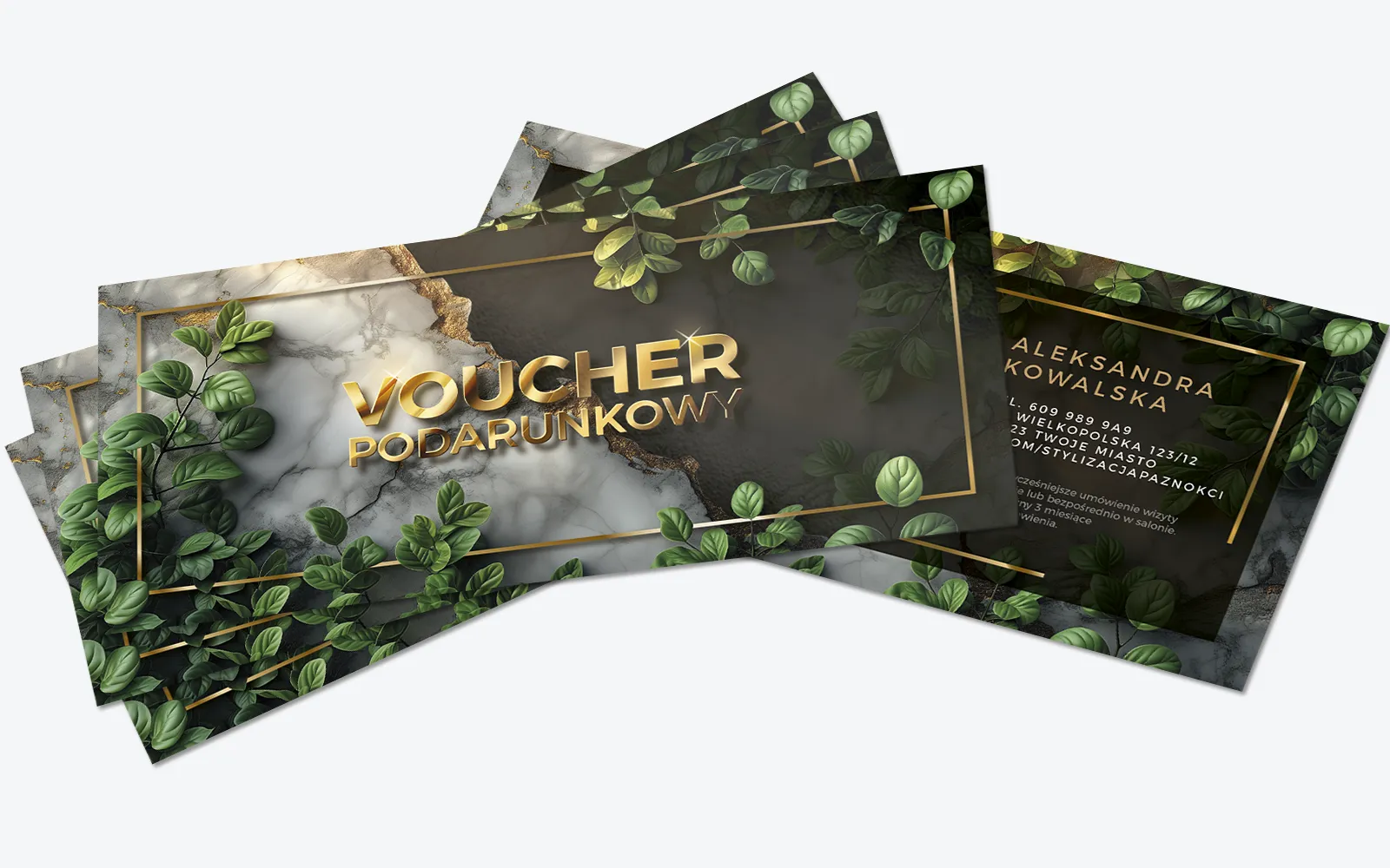 voucher kosmetyczny marmur zielone liście