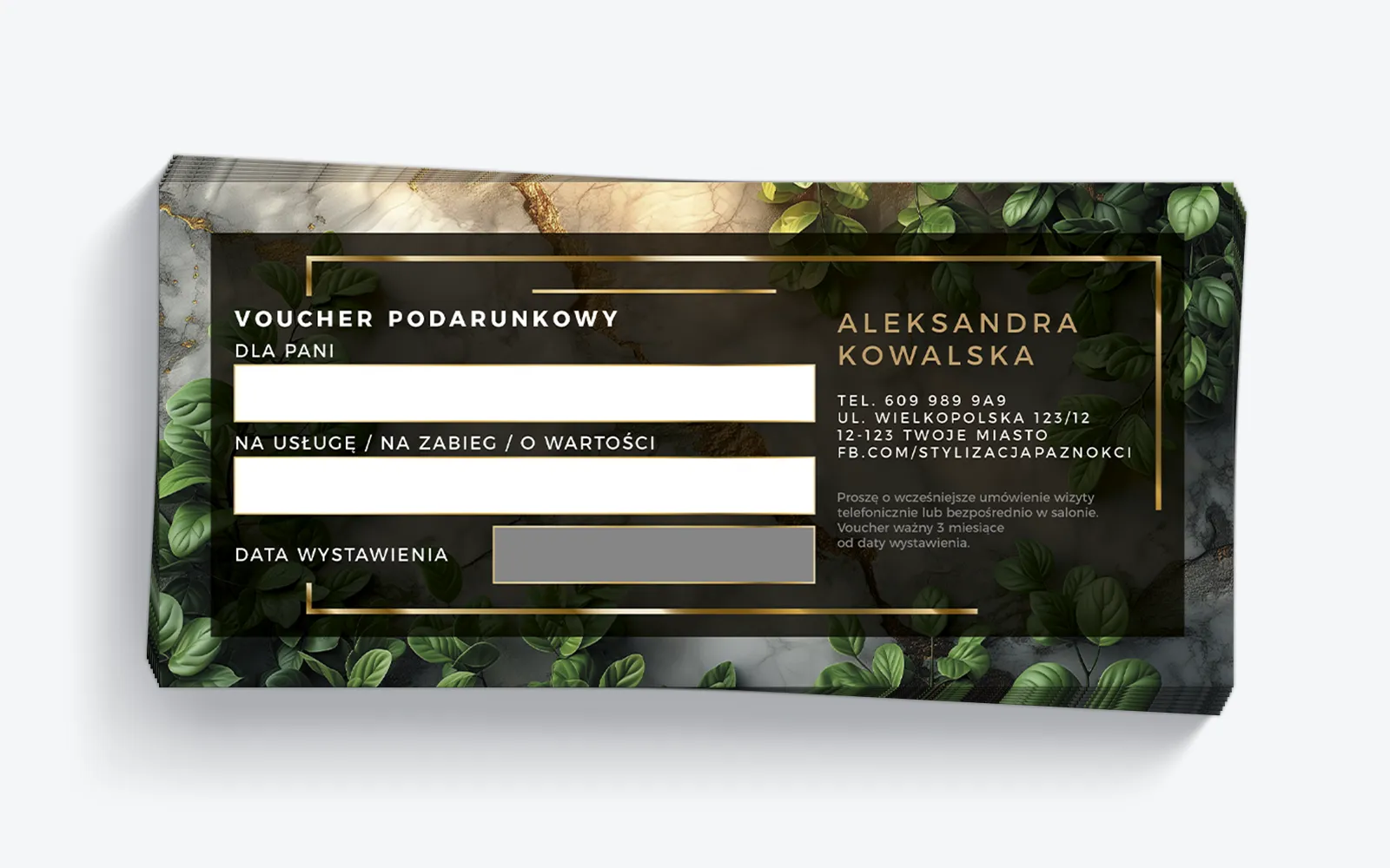 voucher kosmetyczny marmur zielone liście