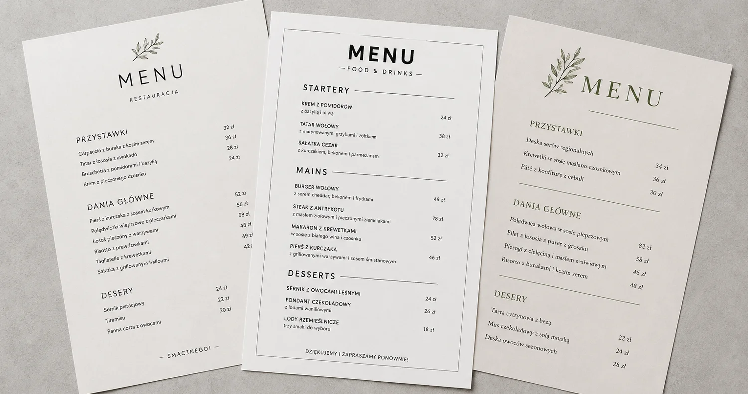karty menu do restauracji